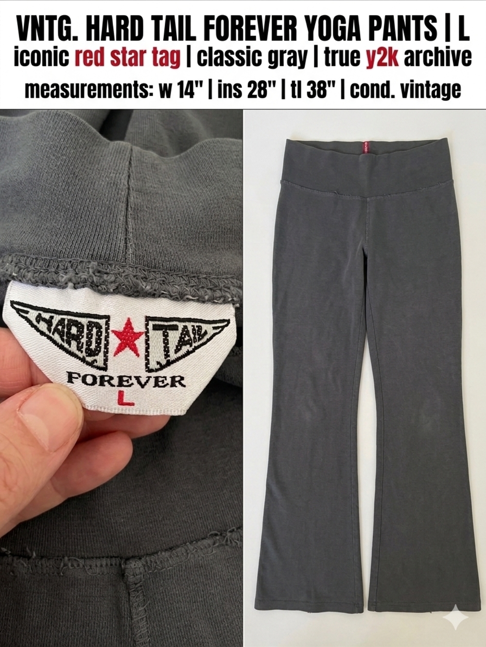 ​True Vintage Hard Tail Forever Gray Flare Yoga Pants Rollover Waist Size L Y2K